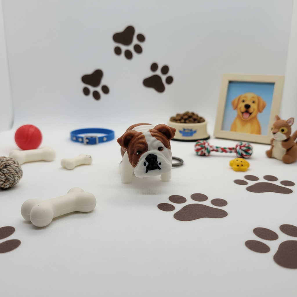 Articulated English Bulldog with dog-themed background