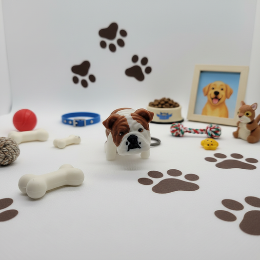 Articulated English Bulldog with dog-themed background